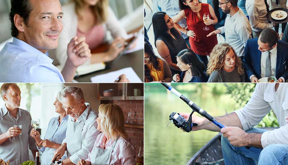 Imagem composta por quatro cenas: pessoa conversando com audiologista num centro auditivo; grupo social em festa movimentada; amigos reunidos em cozinha brindando; homem pescando em lago tranquilo.