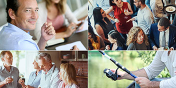 Uma colagem de quatro situações: no canto superior esquerdo, alguém escrevendo em um bloco de notas; canto superior direito, grupo conversando em uma festa; canto inferior esquerdo, idosos em um encontro social; canto inferior direito, pessoa pescando. Contextos representam interações sociais conectadas à audição, alinhadas ao cuidado auditivo promovido pela Audika.