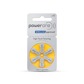 Baterias auditivas tamanho 10 Power One para aparelhos auditivos, aprovadas para tecnologia sem fio, com cinco baterias dispostas em embalagem circular amarelo claro.