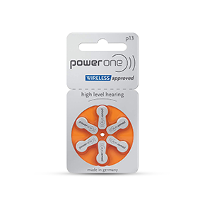 Pilha auditiva Power One tamanho 13 para aparelhos auditivos.