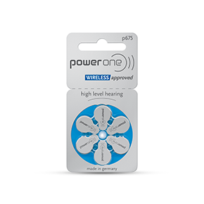 Pilha auditiva PowerOne modelo 675 com aprovação wireless e alta capacidade para aparelhos auditivos.