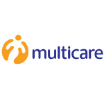 Logotipo da Multicare exibindo duas figuras humanas estilizadas em laranja formando um círculo, acompanhadas do texto ’multicare’ em azul, sobre fundo branco.