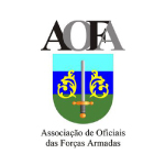 Logotipo com as letras ’AOFA’ no topo, uma espada centralizada em um escudo azul e verde com dois leões dourados, acompanhado do texto ’Associação de Oficiais das Forças Armadas’.