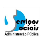 Logotipo com formas abstratas em azul e branco formando um ’S’. Texto em preto lê-se: ’Serviços Sociais Administração Pública’. Fundo branco, realçando o design e as informações escritas.