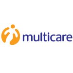Logotipo da Multicare exibindo duas figuras humanas estilizadas em laranja formando um círculo, acompanhadas do texto ’multicare’ em azul, sobre fundo branco.