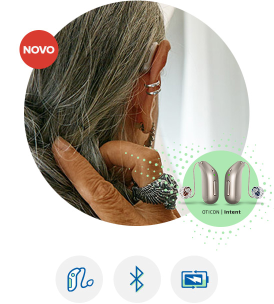 Aparelho auditivo Oticon Intent com conexão Bluetooth e design discreto, destacado com a etiqueta 'Novo'.