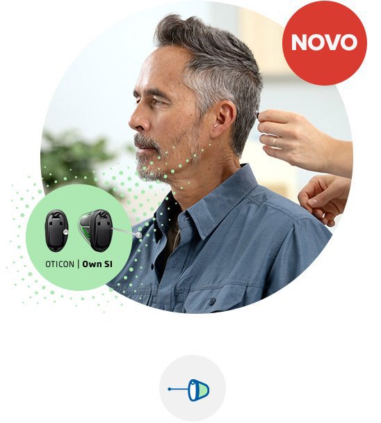 Aparelho auditivo Oticon Own SI com design moderno e tecnologia avançada para adaptação personalizada, acompanhado de destaque ’Novo’ no canto superior.