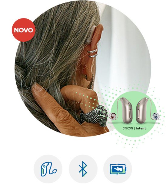 Aparelho auditivo Oticon Intent com conexão Bluetooth e design discreto, destacado com a etiqueta ’Novo’.
