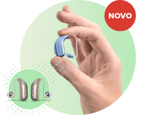 Aparelhos auditivos modernos e discretos destacados com design inovador e etiqueta ’novo’.