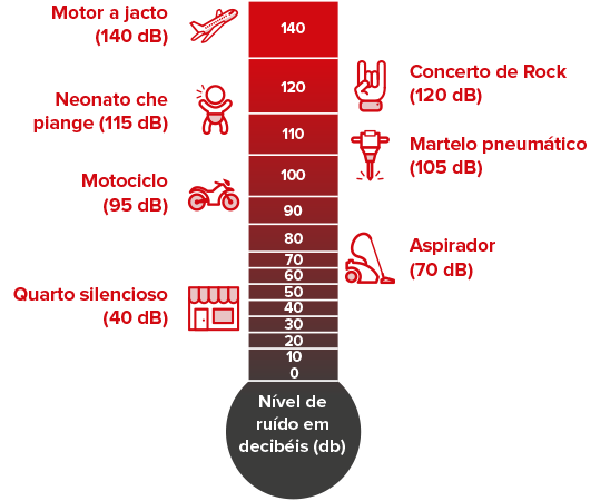 Gráfico vertical mostrando níveis de ruído em decibéis (dB):  
- Motor a jato (140 dB),  
- Concerto de rock (120 dB),  
- Neonatos chorando (115 dB),  
- Martelo pneumático (105 dB),  
- Motocicleta (95 dB),  
- Aspirador (70 dB),  
- Quarto silencioso (40 dB).  

Contextualiza sons do dia a dia para conscientizar sobre proteção auditiva.
