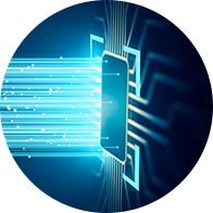 Puce innovante avec des faisceaux lumineux représentant la transmission rapide de données.