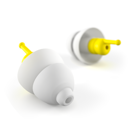 Bouchons d'oreilles Alpine FlyFit avec tiges jaunes et embouts blancs, conçus pour protéger l'audition pendant les voyages en avion.