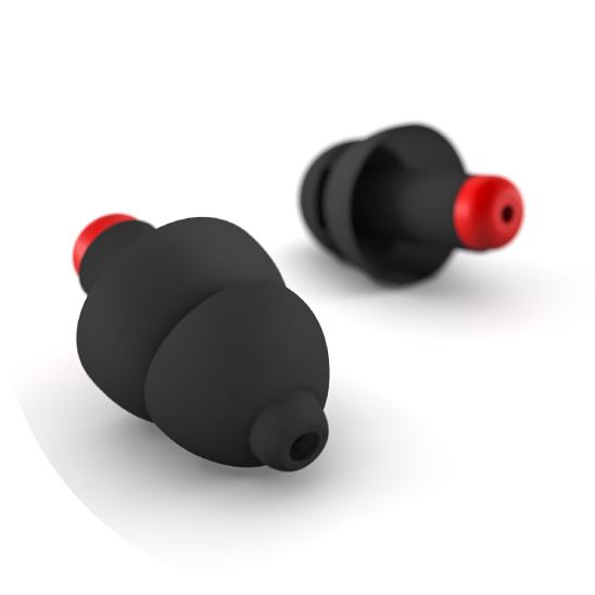 Bouchons d’oreilles noirs Alpine WorkSafe avec embouts rouges, conçus pour protéger l’audition en milieu de travail.