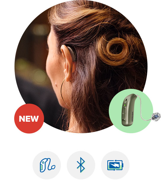 Appareil auditif Oticon Real avec connectivité Bluetooth et design discret derrière l’oreille.