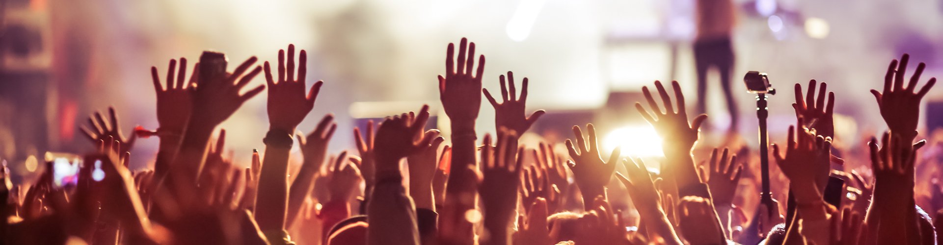 Menschen auf einem lauten Konzert mit erhobenen Händen – eine Situation, in der Gehörschutz wichtig ist.