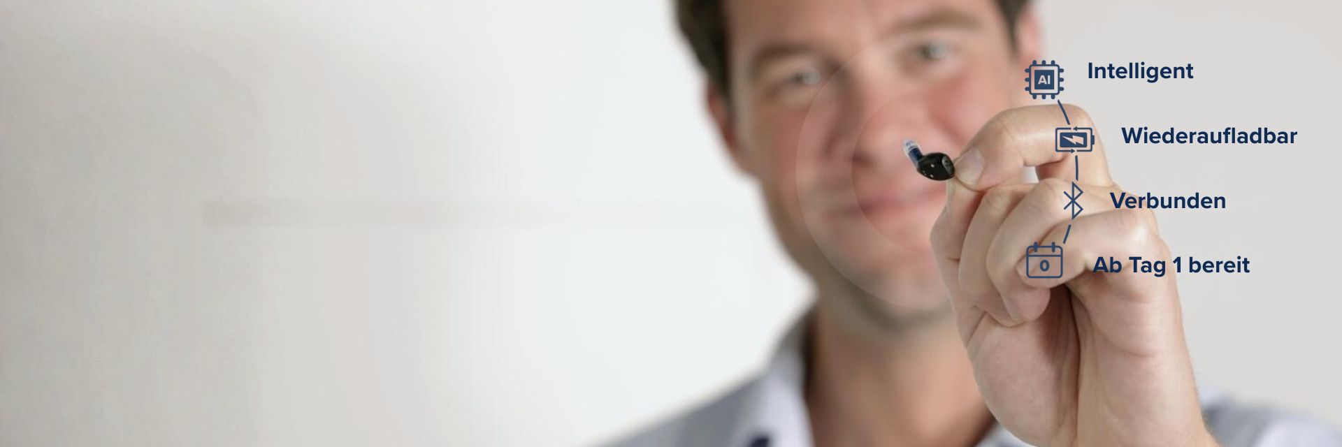 Ein junger Mann hält das neue Oticon Zeal Hörgerät in die Kamera