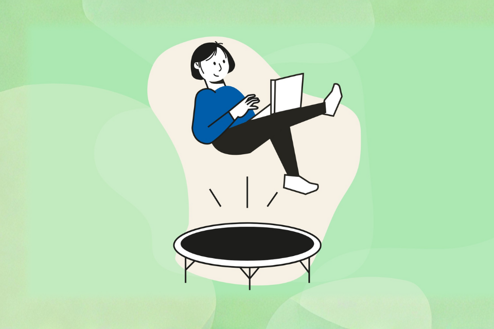 Eine Illustration eines Azubis mit Laptop, wie sie auf einem Trampolin springen und sich als Auszubildender für Hörakustik bewerben