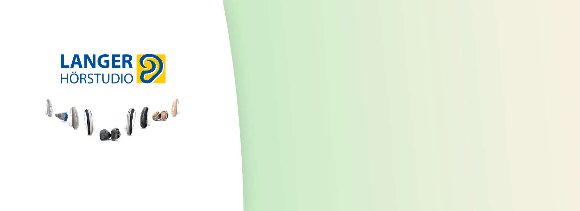 Das Langer Hörstudio Logo und eine Auswahl verschiedener Hörgeräte
