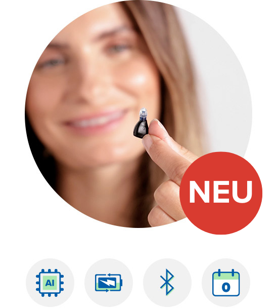 Eine Frau hält das Otricon Zeal Hörgerät in die Kamera. Icons unter dem runden Bild zeigen repräsentieren die Oticon Zeal Funktionen.