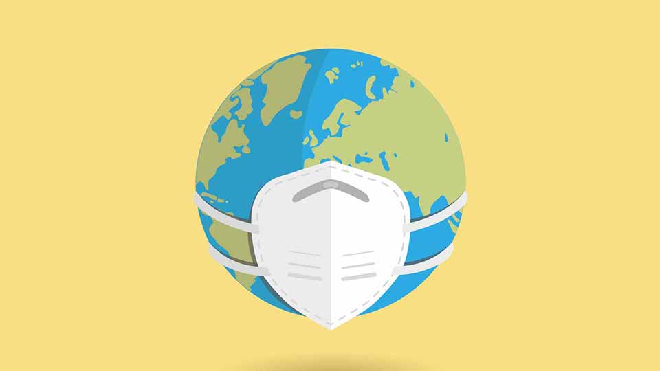 Billedet viser verdenskloden med et mundbind på. 