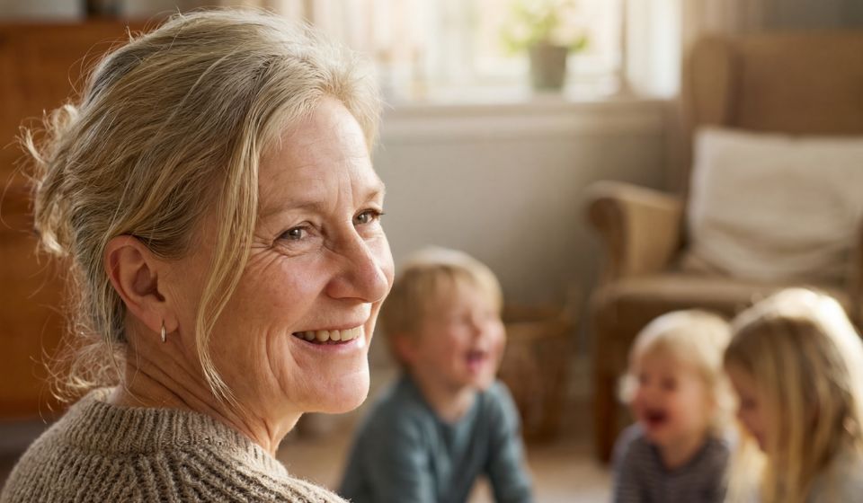 Kvinde kigger smilende tilbage. Hun sidder indenfor og bag hende kan man se tre mindre børn sidde og lege på gulvet.