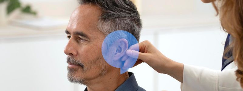 Mand får hjælp til at indsætte høreapparat af hørespecialist. Audikas blå talebobbel sidder over hans øre.