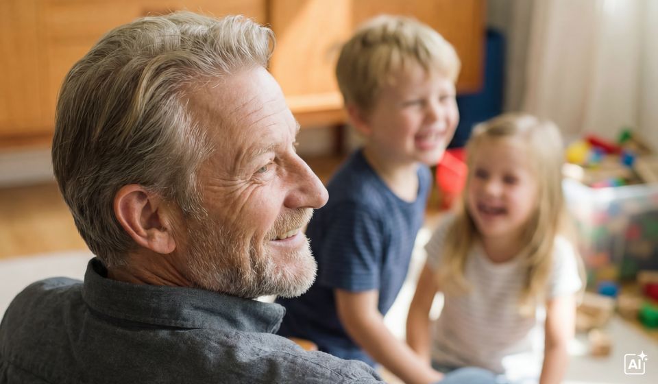 Moden mand med lyst/gråligt hår og skæg ses med siden til i et indendørs miljø, en stue. Han smiler. I baggrunden kan man se to mindre børn lege på gulvet. 