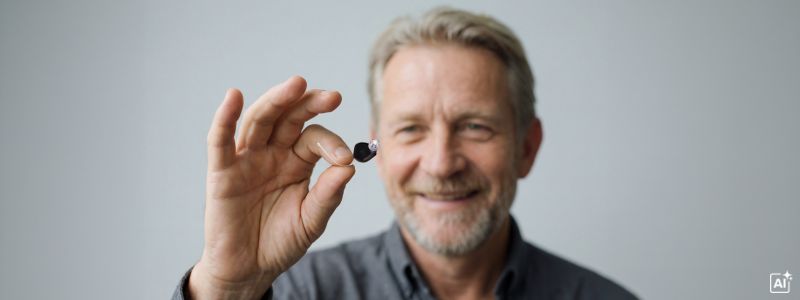 Mand holder Oticon Zeal-høreapparat frem mod beskueren. 