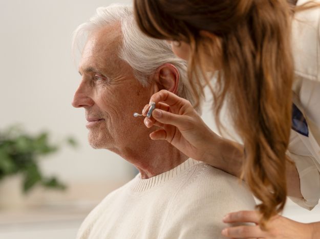 En audiolog justerer en ældre mands høreapparat i en lys høreklinik med planter i baggrunden, hvilket fremhæver professionel hørepleje og komfortable omgivelser. Ingen synlige høreapparatmærker.