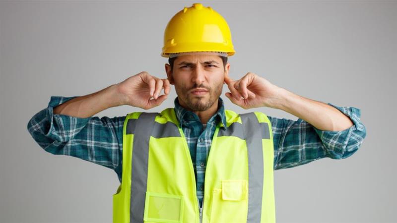 trabajador de la construcción con chaleco reflectante y casco amarillo bloqueando sus oídos debido al ruido laboral en España