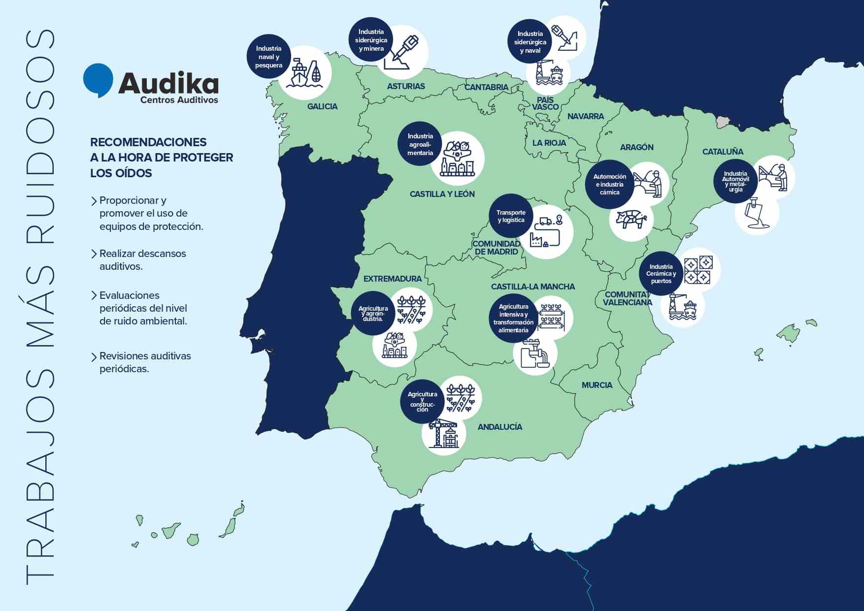 Mapa de los trabajos más ruidosos en España con recomendaciones para proteger la salud auditiva.