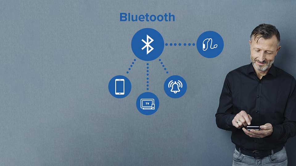 Un hombre interactúa con un smartphone en un fondo gris, junto a un gráfico que muestra conectividad Bluetooth con audífonos, un teléfono, un televisor y un timbre. Texto: ’Bluetooth’.