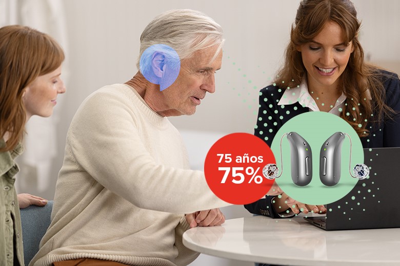hombre en consulta con audioprotesista de Audika. En destaque, oferta audifonos igual edad