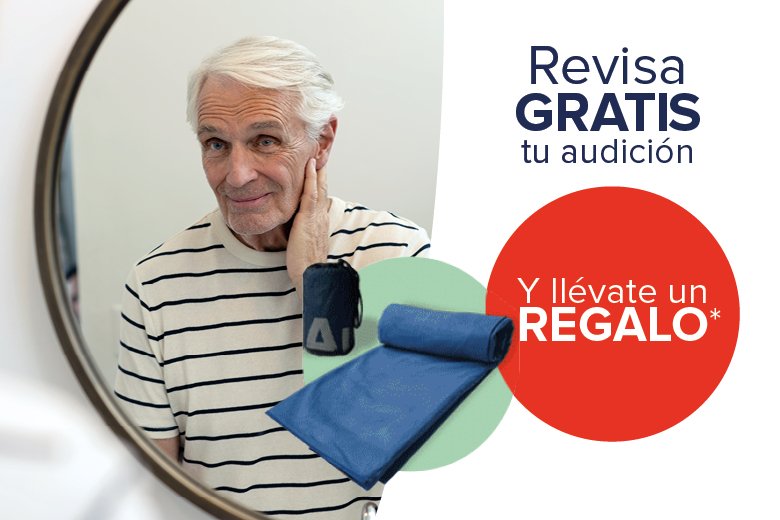 señor con la mano en la oreja y destaque de un regalo de audika por revisar la audición