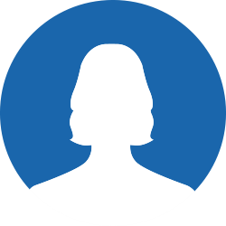A simple icon depicting a white silhouette of a woman against a solid blue circular background.