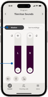 aplicación Audika que muestra configuraciones de sonidos para el alivio del tinnitus