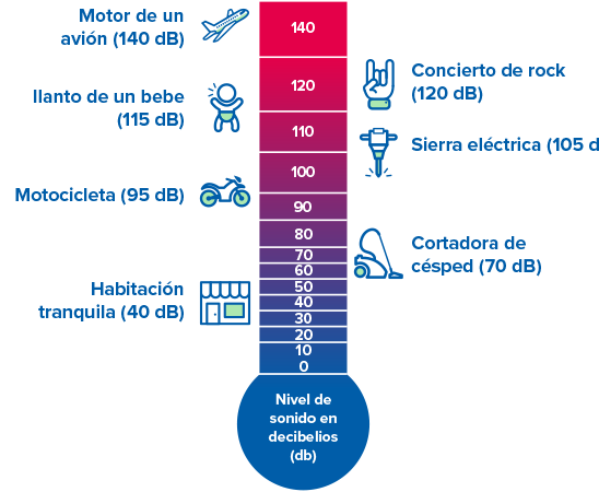 Un gráfico muestra una escala de decibelios con ejemplos: motor de avión (140 dB), concierto de rock (120 dB), llanto de un bebé (115 dB), sierra eléctrica (105 dB), motocicleta (95 dB), cortadora de césped (70 dB) y habitación tranquila (40 dB). La escala indica ’Nivel de sonido en decibelios (dB)’ al pie.