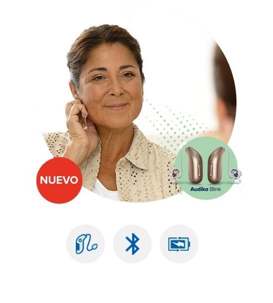 mujer feliz probando los audífonos Audika Blink con tecnología avanzada