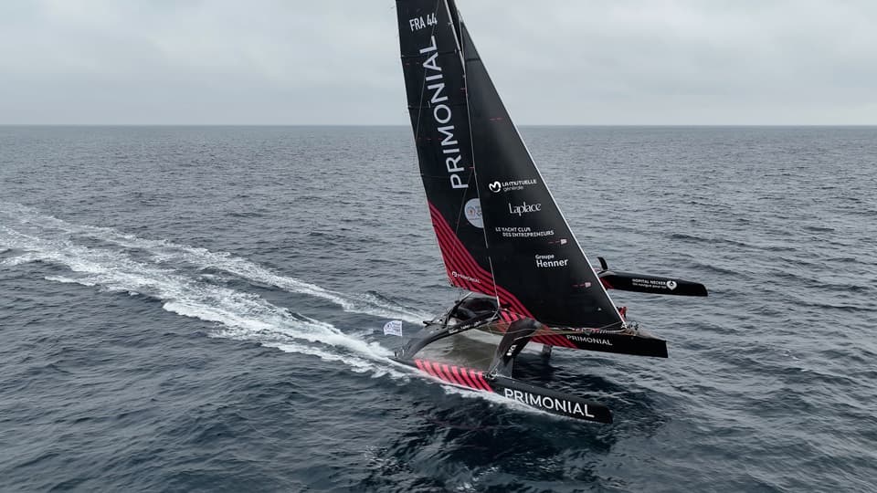 Catamaran Primonial naviguant sur une mer calme sous un ciel nuageux.