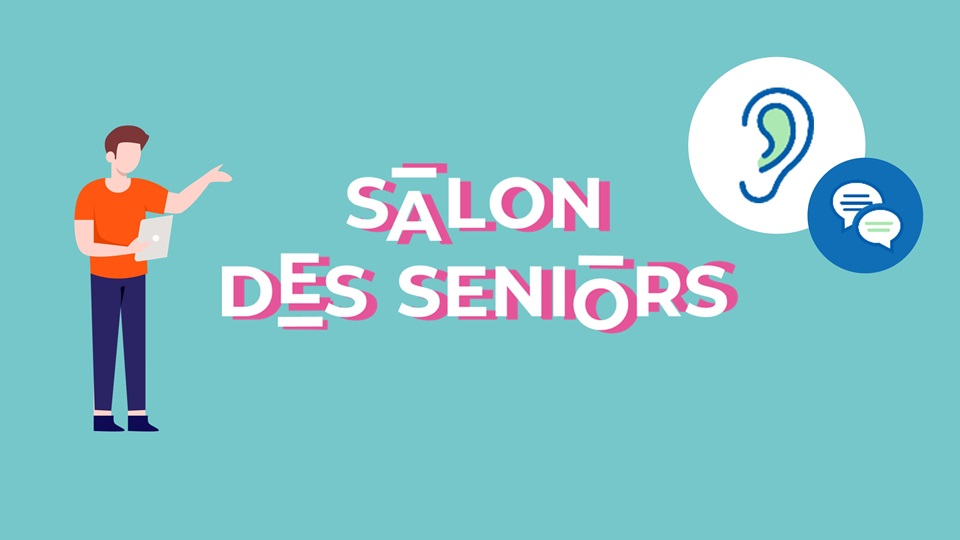Salon des Seniors avec icône d’oreille et bulles de dialogue sur un arrière-plan bleu.