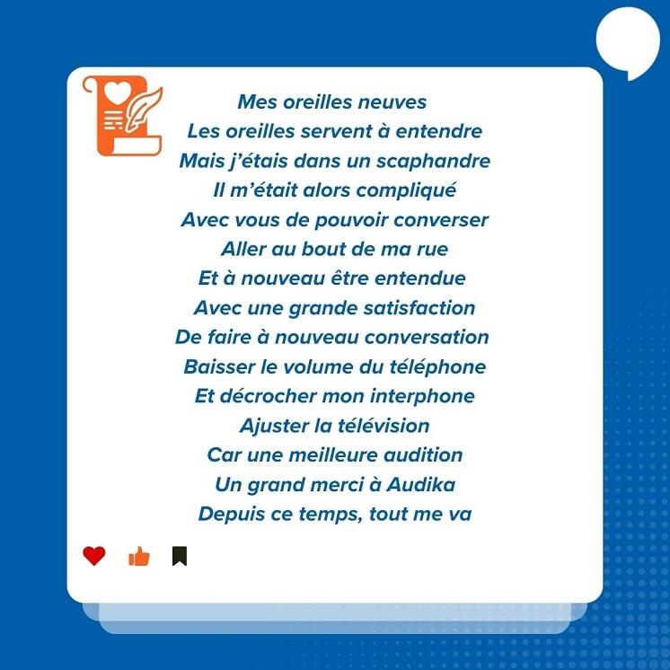 Une cliente satisfaite des prestations Audika a envoyé un poème de remerciement