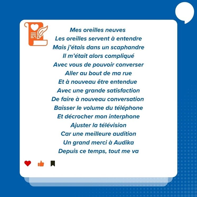Une cliente exprime sa gratitude envers Audika avec un poème soulignant les bienfaits d’une meilleure audition et un service de qualité.