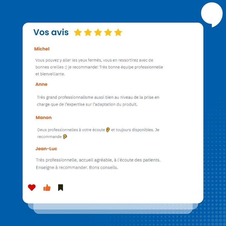 Avis clients positifs sur les centres Audika mettant en avant le professionnalisme, l’écoute et la qualité du service en 2023.