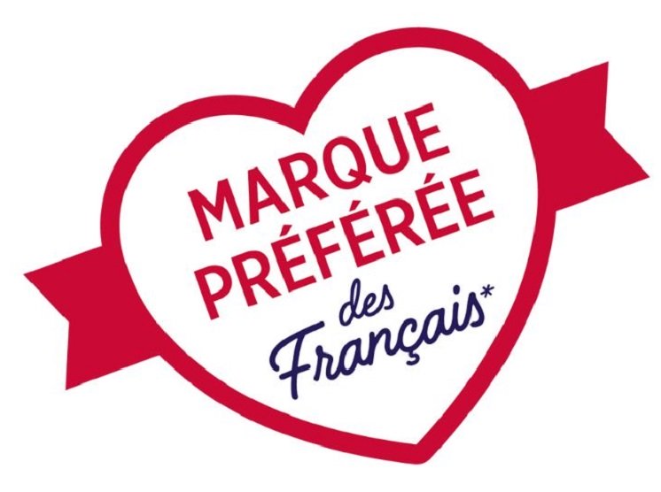 Audika élue marque préférée des Français en 2023, représentée par un badge en forme de cœur rouge.