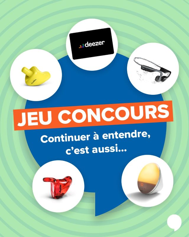 Annonce de jeu concours célébrant 50 000 abonnés, mettant en avant des cadeaux comme des écouteurs, un abonnement Deezer, des aides auditives et une lampe.