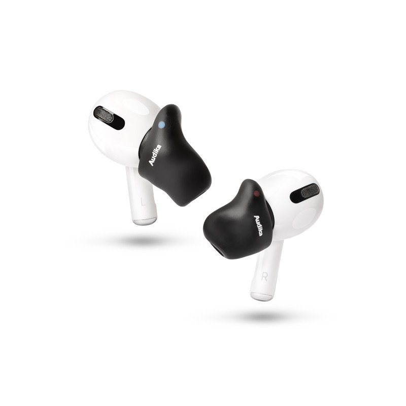 Embouts personnalisés Snugs noirs pour AirPods Pro avec logo Audika.