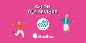 Salon des seniors 2024 avec logo Audika, illustration de personnes âgées actives et motif d'oreille.