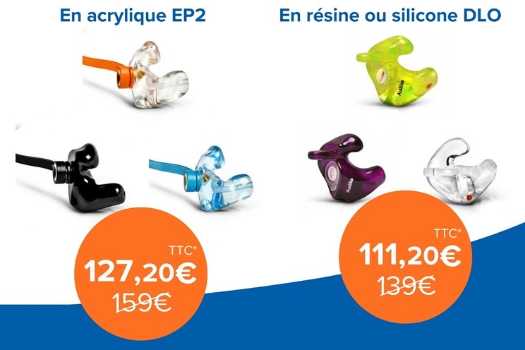 Un visuel des protections auditives sur-mesure remise spéciale -20% FFTIR