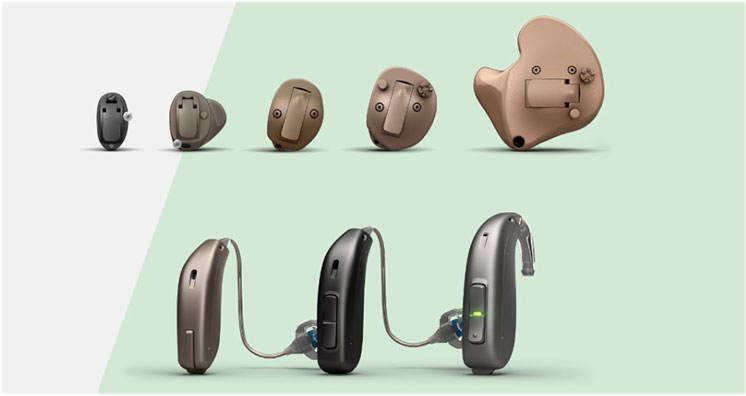 Différents types d’appareils auditifs, y compris intra-auriculaires et contours d’oreille
