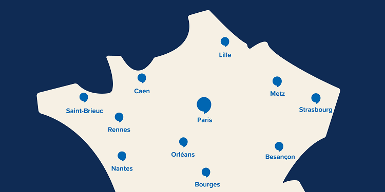 Carte des centres auditifs Audika et emplacements des audioprothésistes en France.